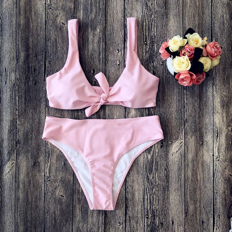 Women's pure colour bikini set in European American style with tight fit