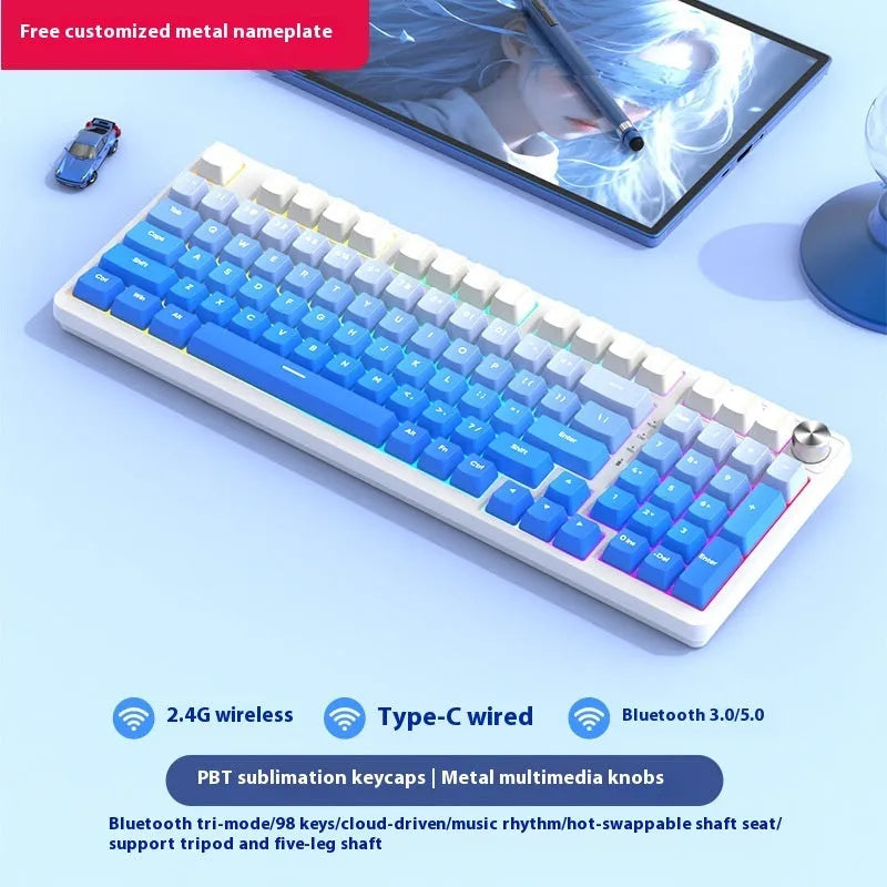 White screen version 98-key wireless mechanical keyboard kit with metal knob on desk