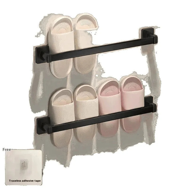 Nordic style carbon steel wall-mounted bathroom slipper rack with integrated seat in black colour