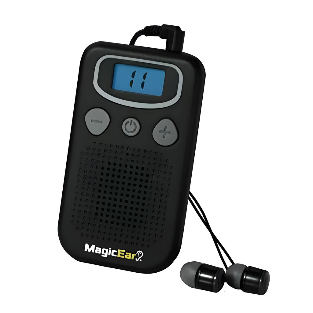 Digital display personal hearing amplifier in brilliant colour with handheld FM radio design
