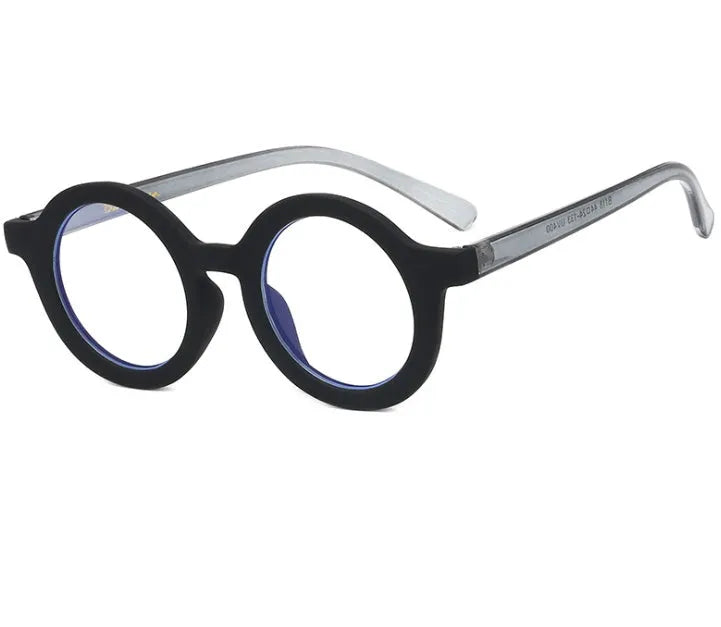 Retro round plastic frame glasses with clear anti-blue light lenses in multiple colour options.
