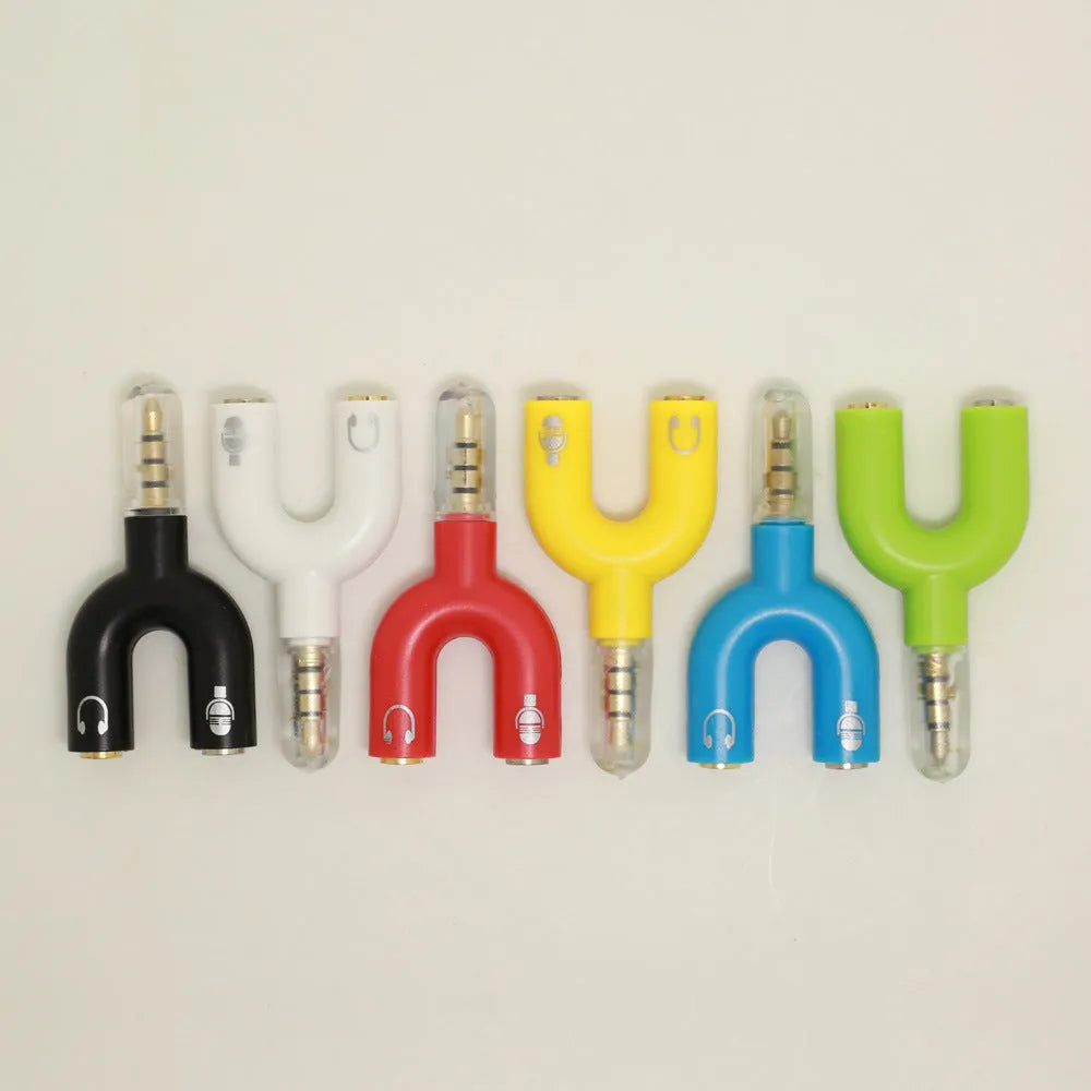 3.5mm audio splitter adapter with gold-plated connections available in six colours