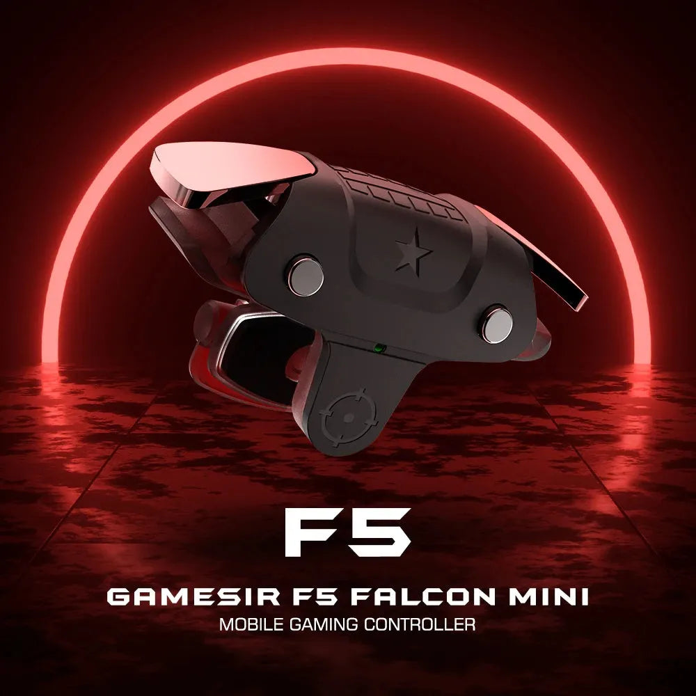 Black F5 mobile phone game controller showing compact 5cm width design with ergonomic grip