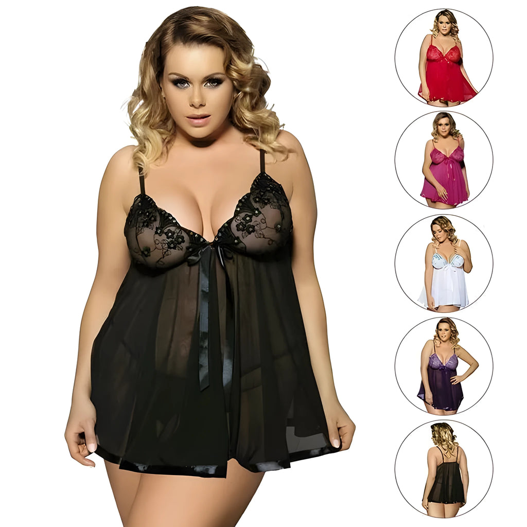 Plus size women's sleepdress with mesh panels and lace detailing in black, available in sizes up to 6XL