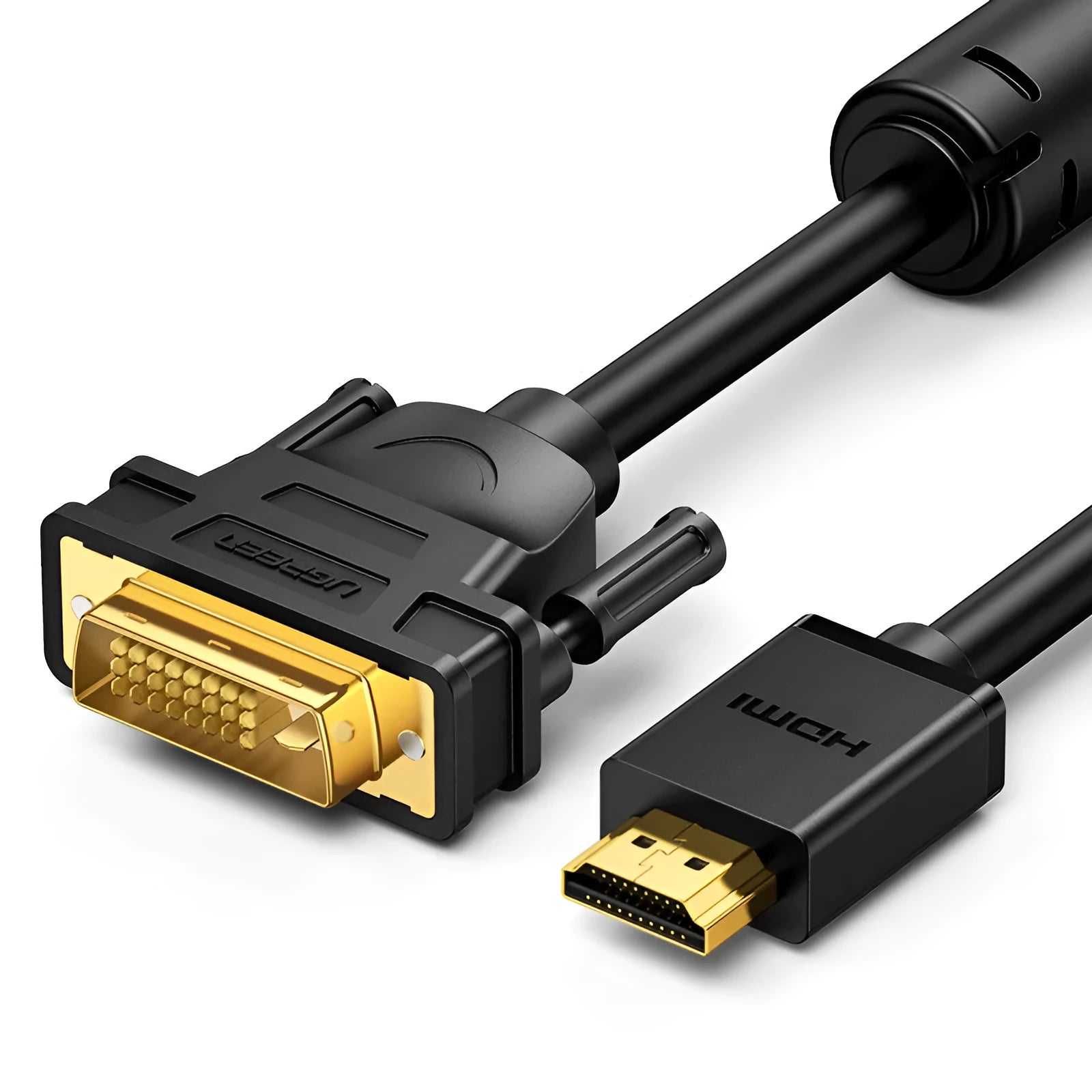 HDMI to HDMI cable with rotating connector available in 1m, 1.5m, 2m, and 3m lengths on a green background.