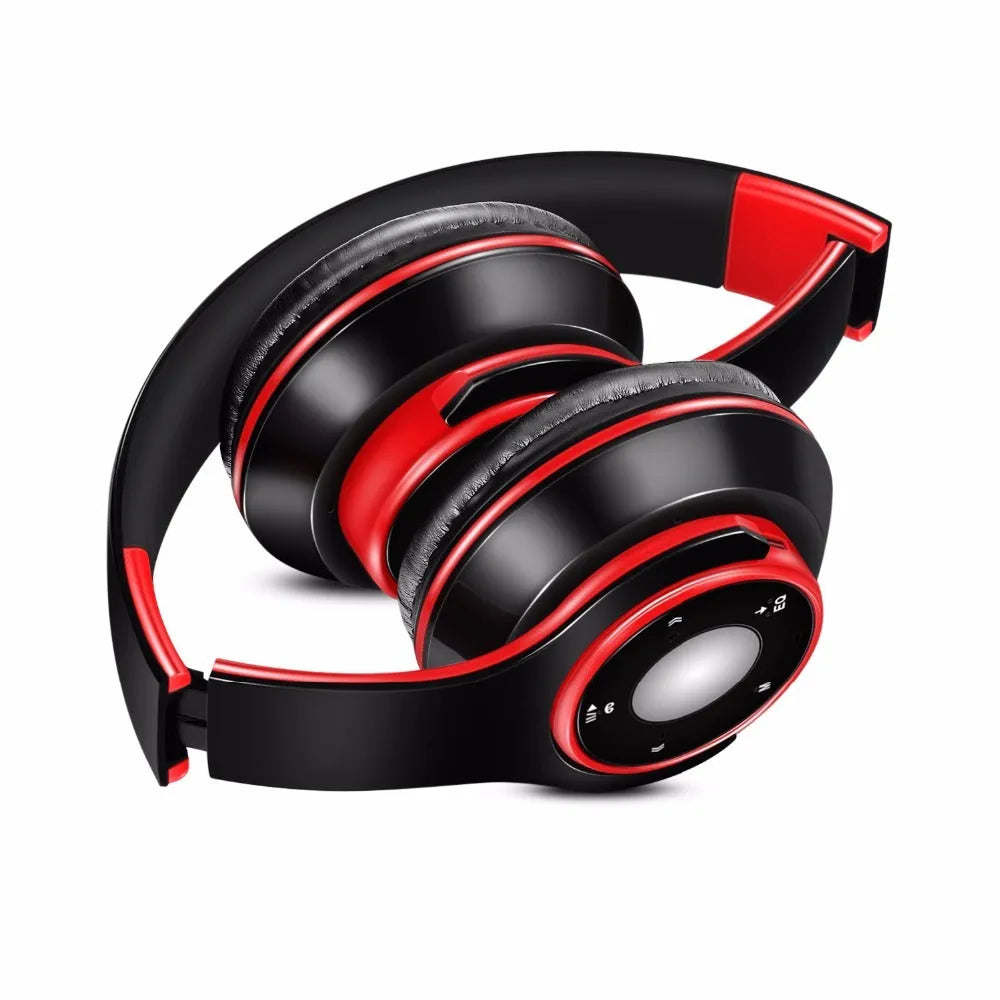 A foldable wireless Bluetooth headset with adjustable hinges, shown in blue, red, or rose red.
