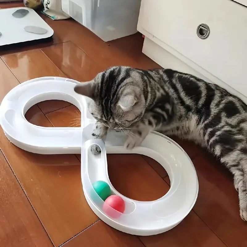 Blue and white plastic cat toy set with turntable track, tease sticks, and balls on a 50cm base