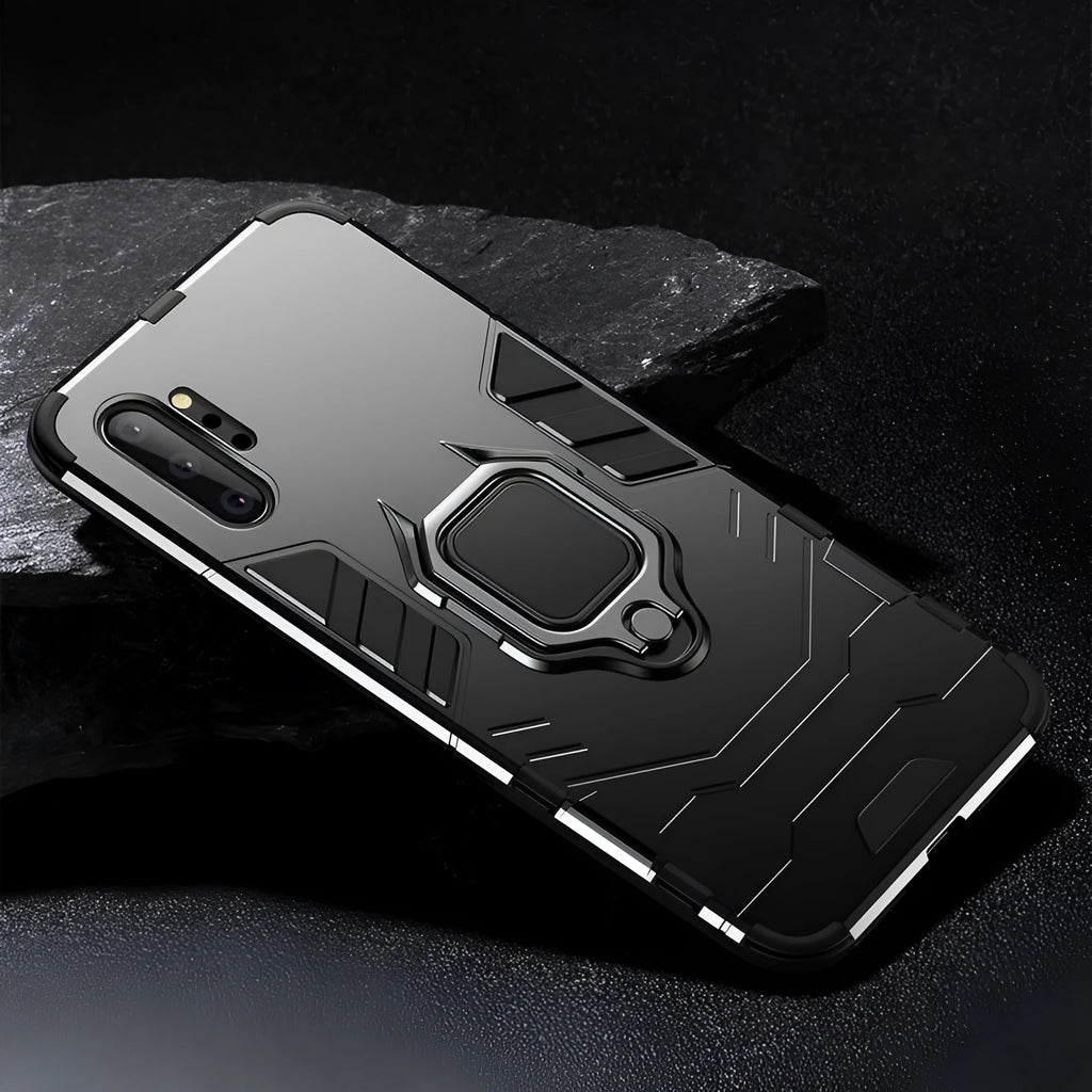 Samsung Galaxy magnetic phone case in black, blue, and red colours showing integrated metal plate