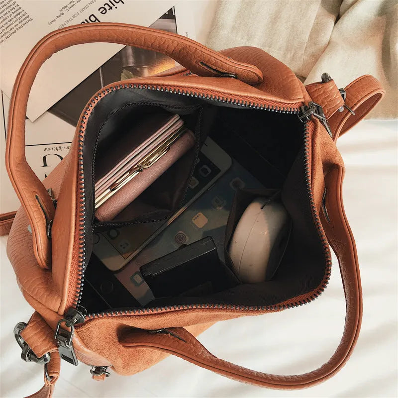 Soft PU leather women's casual tote shoulder bag in black, brown, or grey.