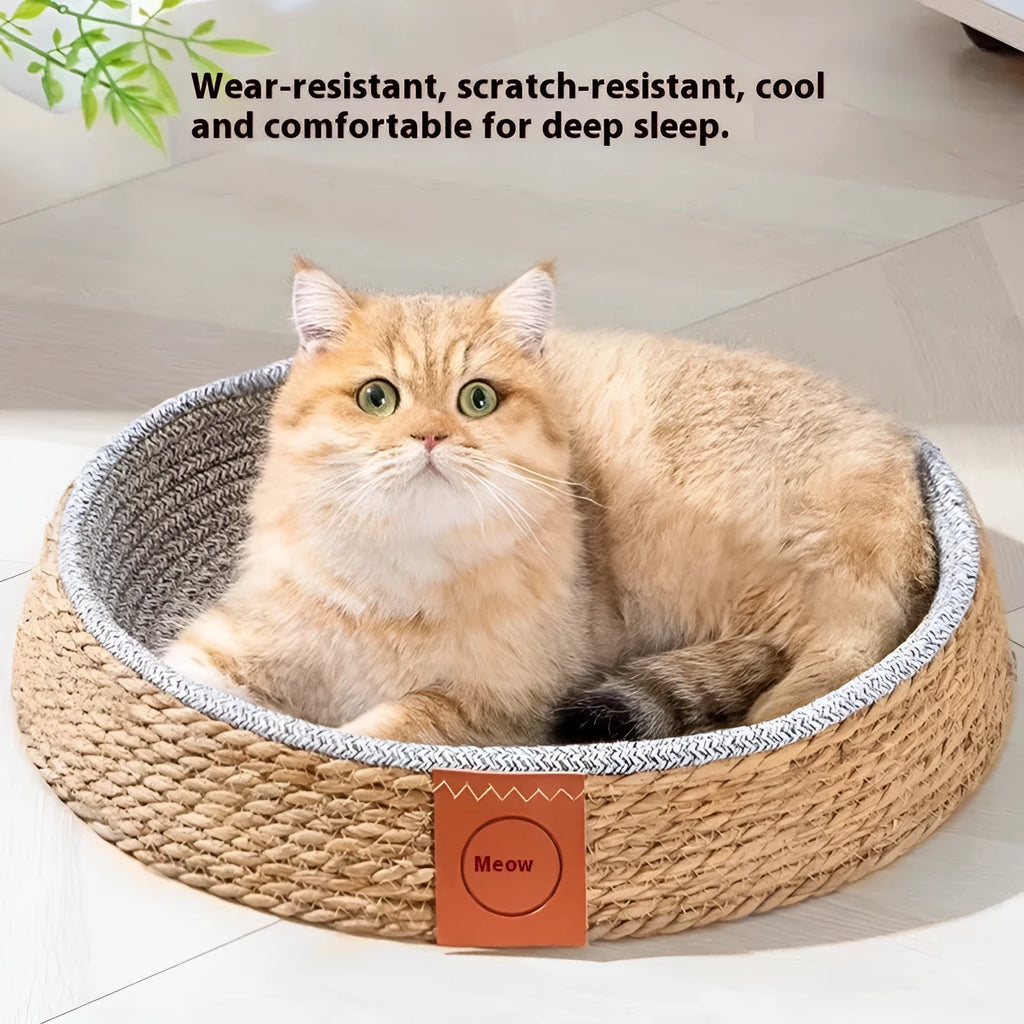 A woven rattan cat nest or bed, shown in one of four available sizes for small to extra large cats.