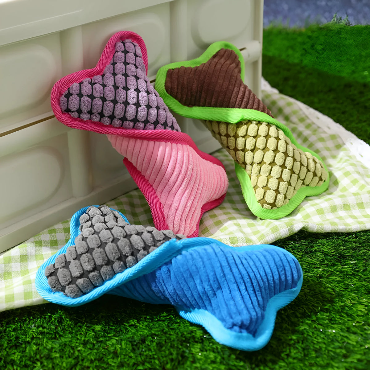 Soft teddy bear dog toy with squeaker and bone accessory in blue, green, and pink colours