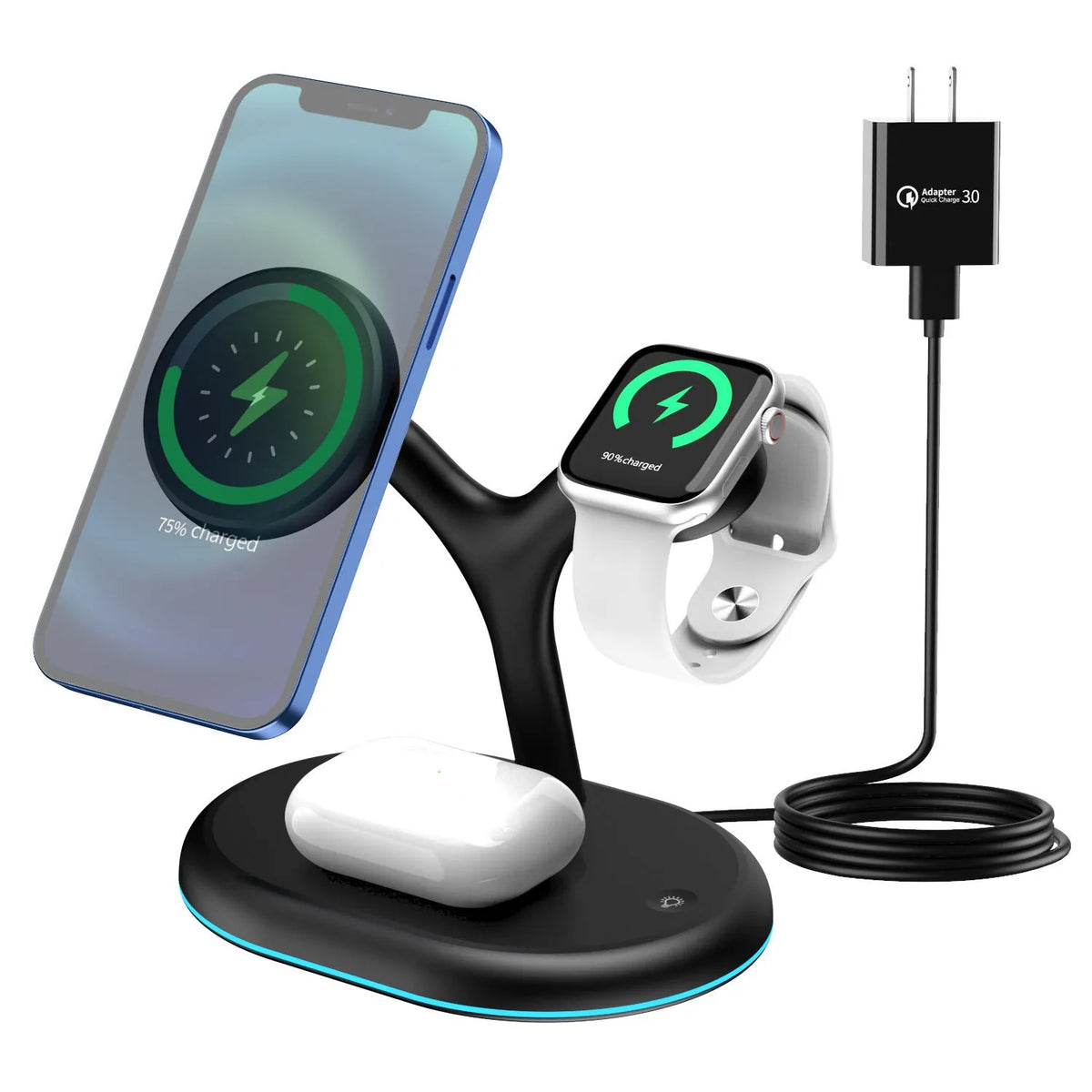 Black magnetic three-in-one wireless charger with ABS plastic construction and lithium battery