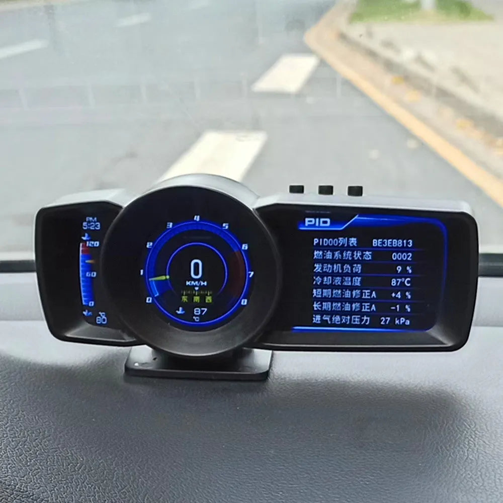 OBDII monitor driving computer with TFT screen display showing vehicle data and navigation information