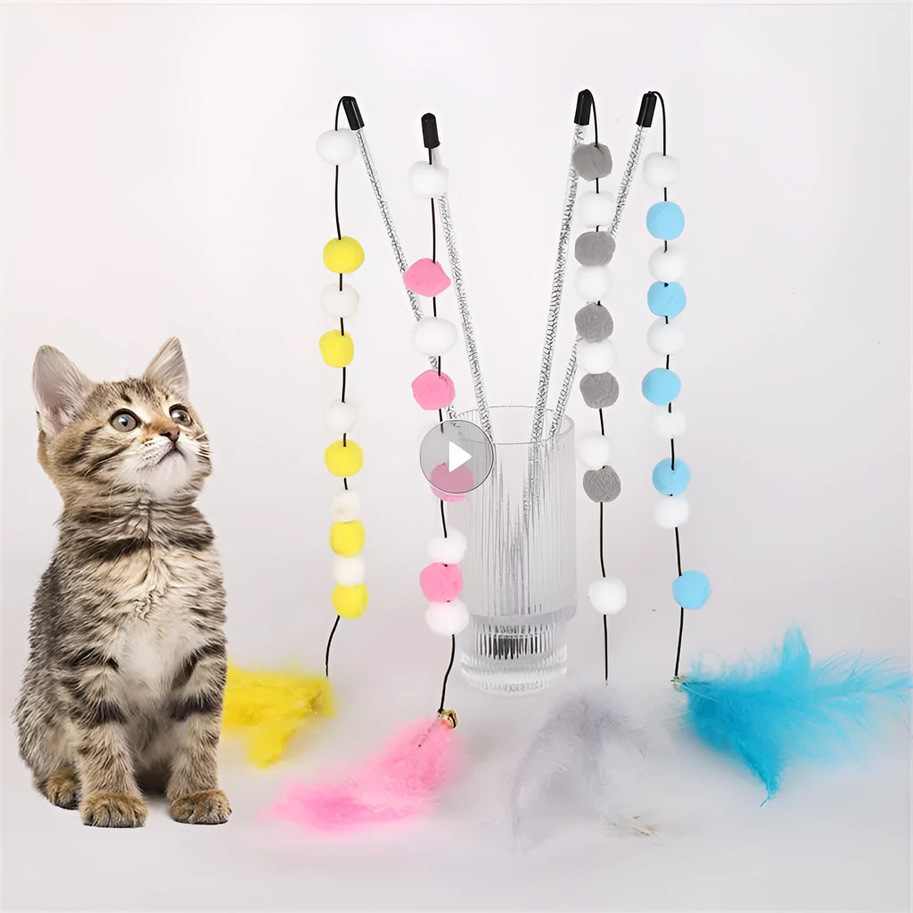 31cm long cat teaser toy rod with bell and colourful pompon feather attachments