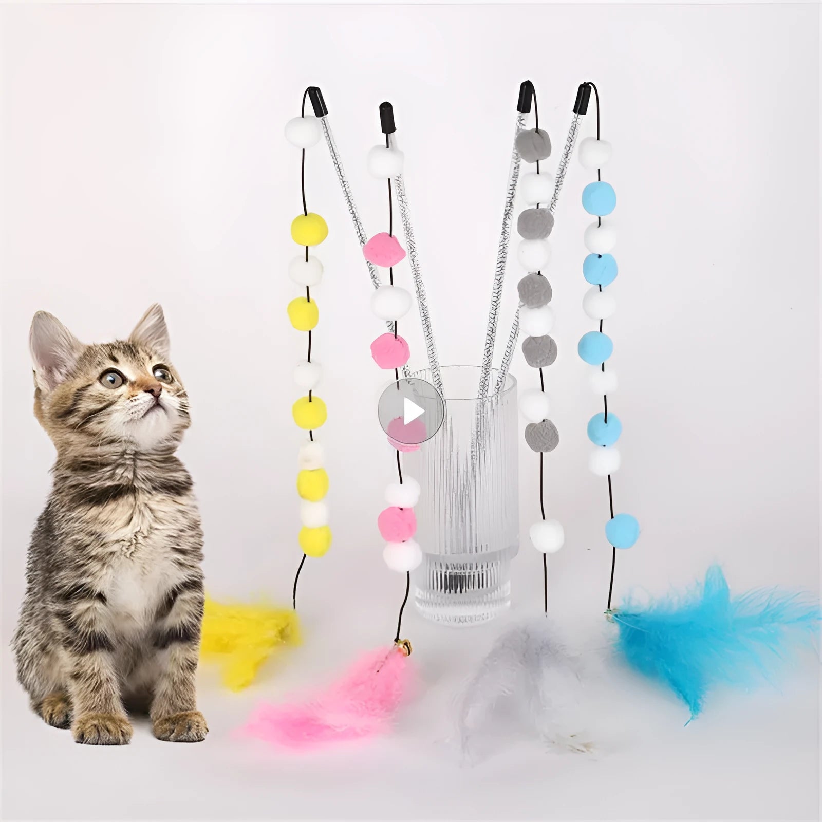 31cm long cat teaser toy rod with bell and colourful pompon feather attachments