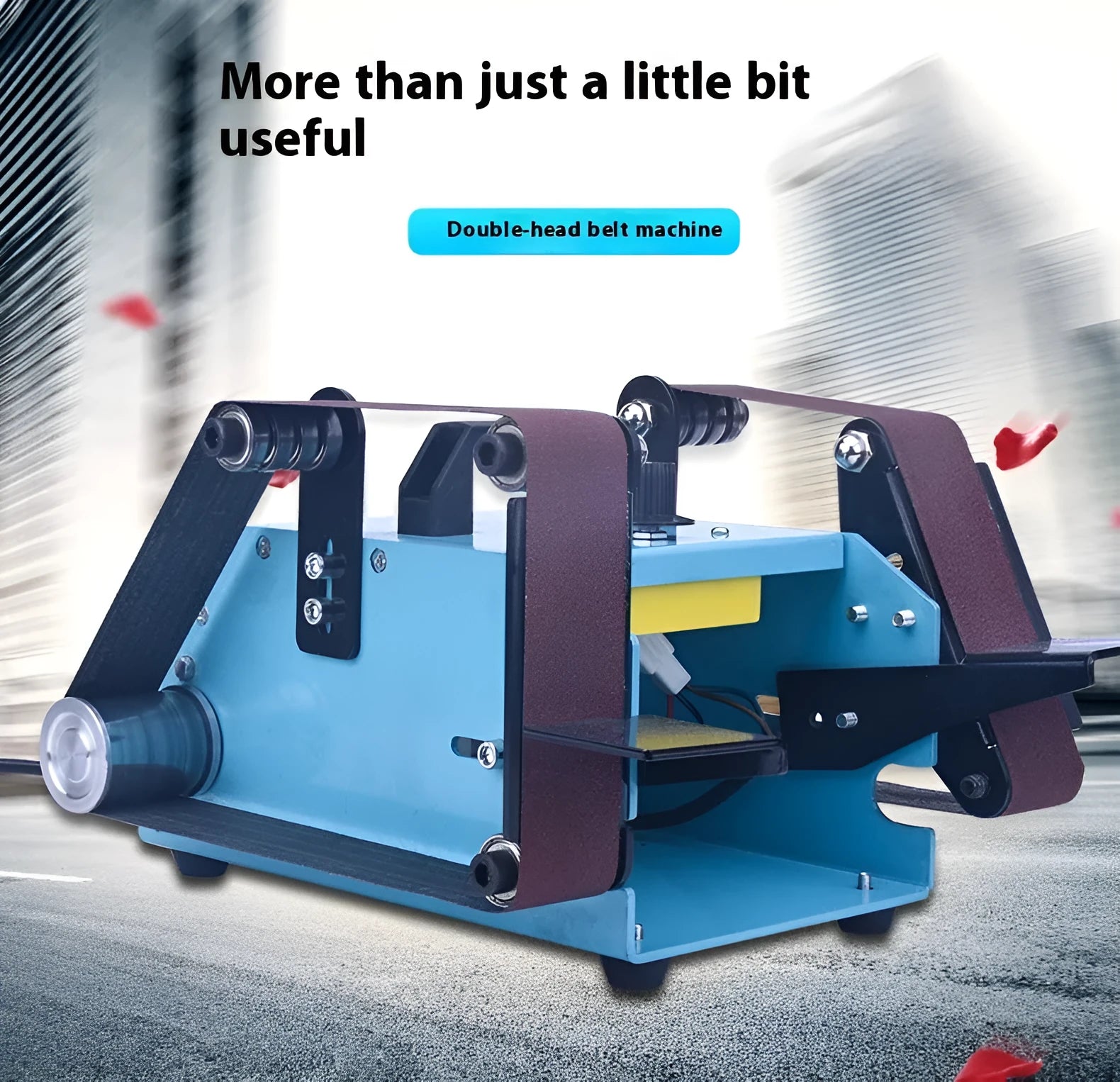 Blue desktop dual-axis belt sander with 750W motor and variable speed control for workshop use