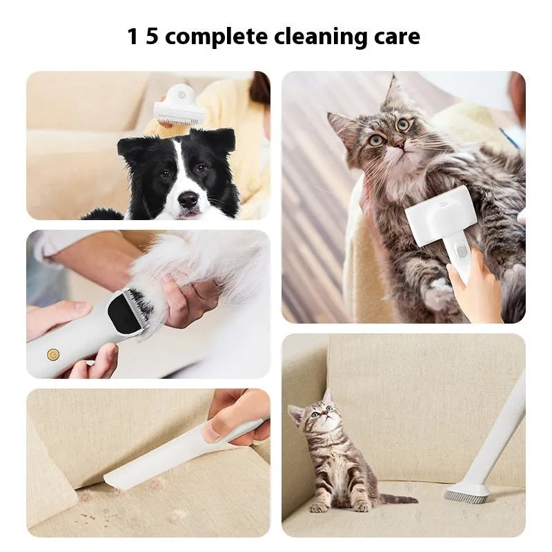 Pink and white multifunctional pet hair conditioner shaving vacuum cleaner with hose and grooming attachments