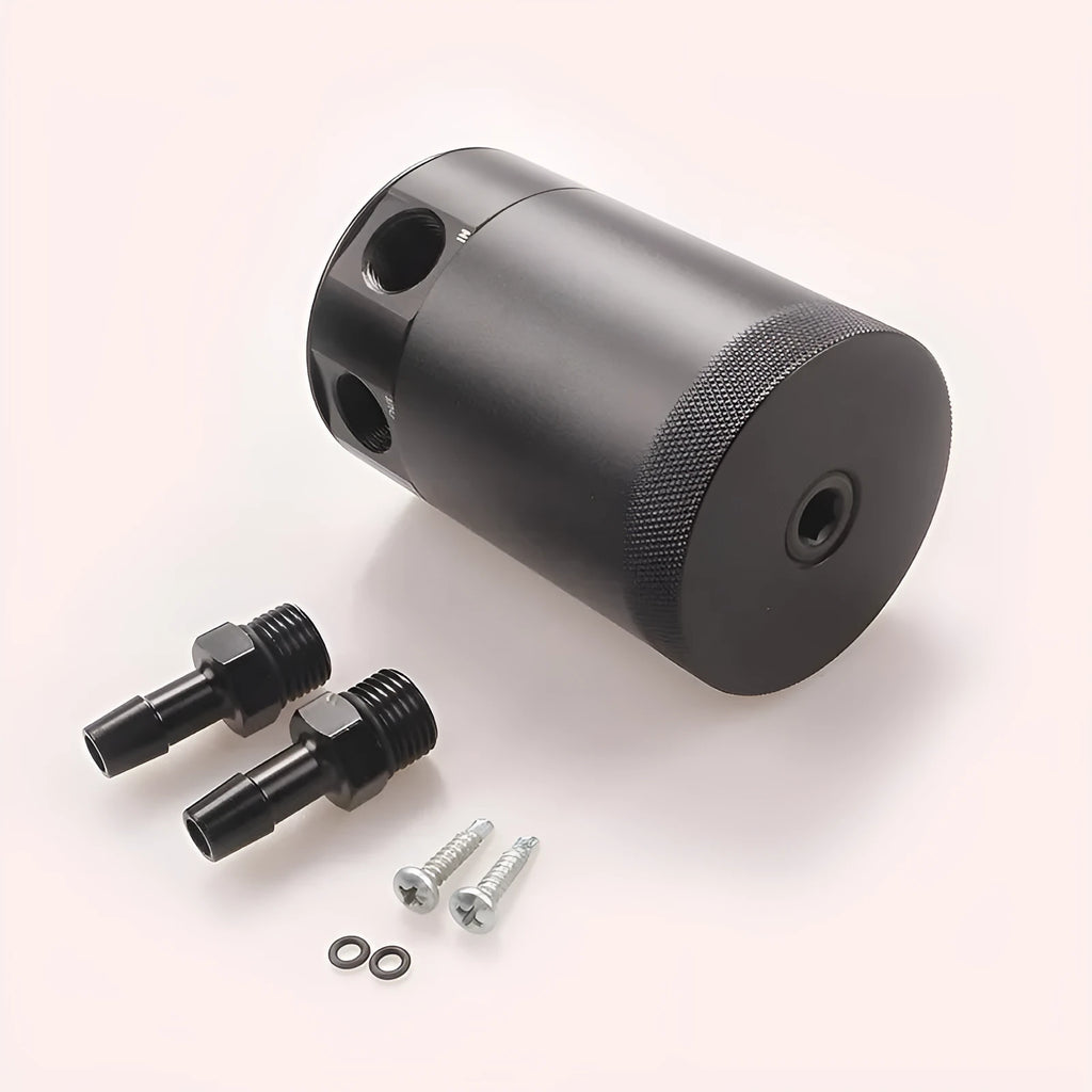 Automotive aluminium oil pot with two-hole breathable design and oil-free valve in black finish