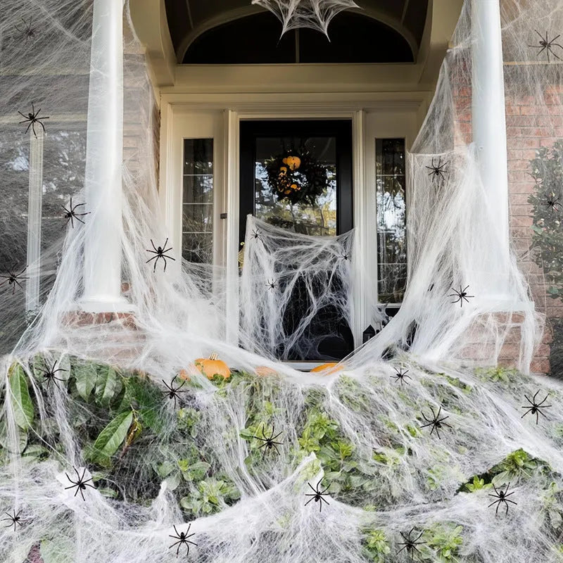 White cotton spider web Halloween decorations with spiders in various package size options