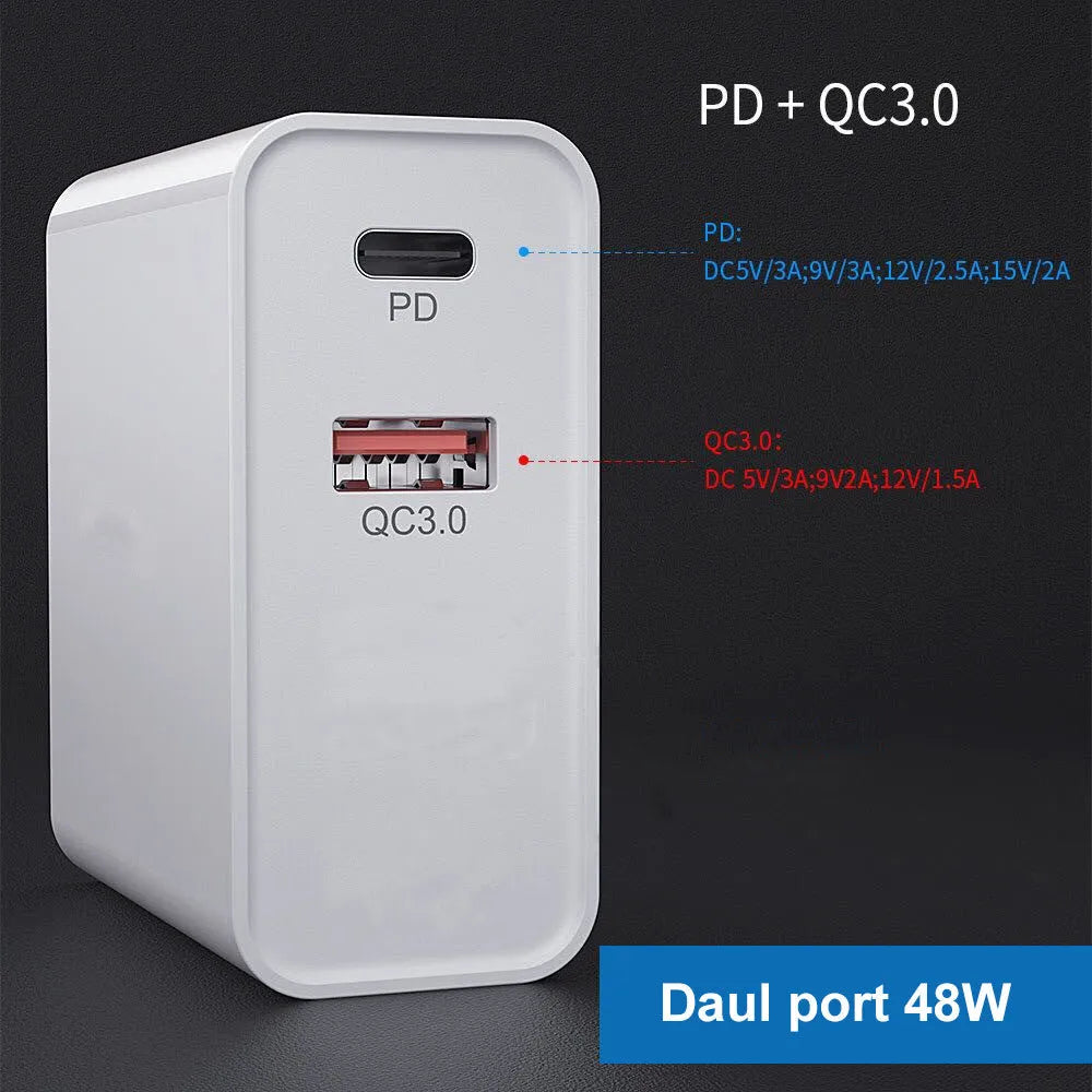 White multi-port fast charger with PD and QC support plugged into a wall socket