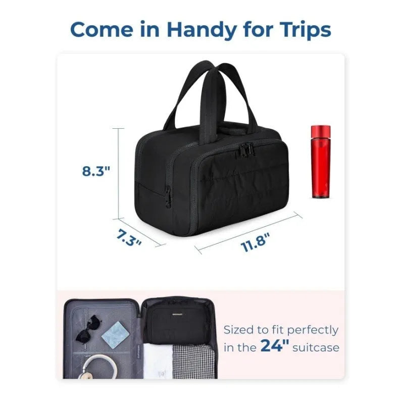 Large open travel toiletry bag in beige colour showing spacious interior, made from polyester fabric.