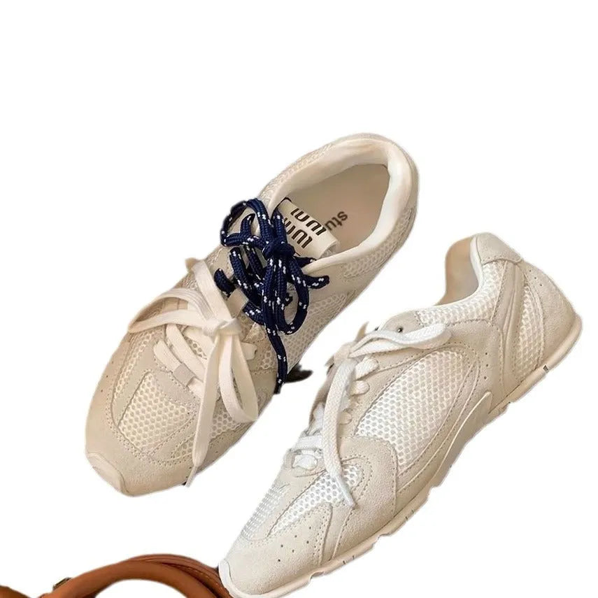 Women's retro German training sports casual shoes in milky white or khaki with flat heel, round toe and front lace-up