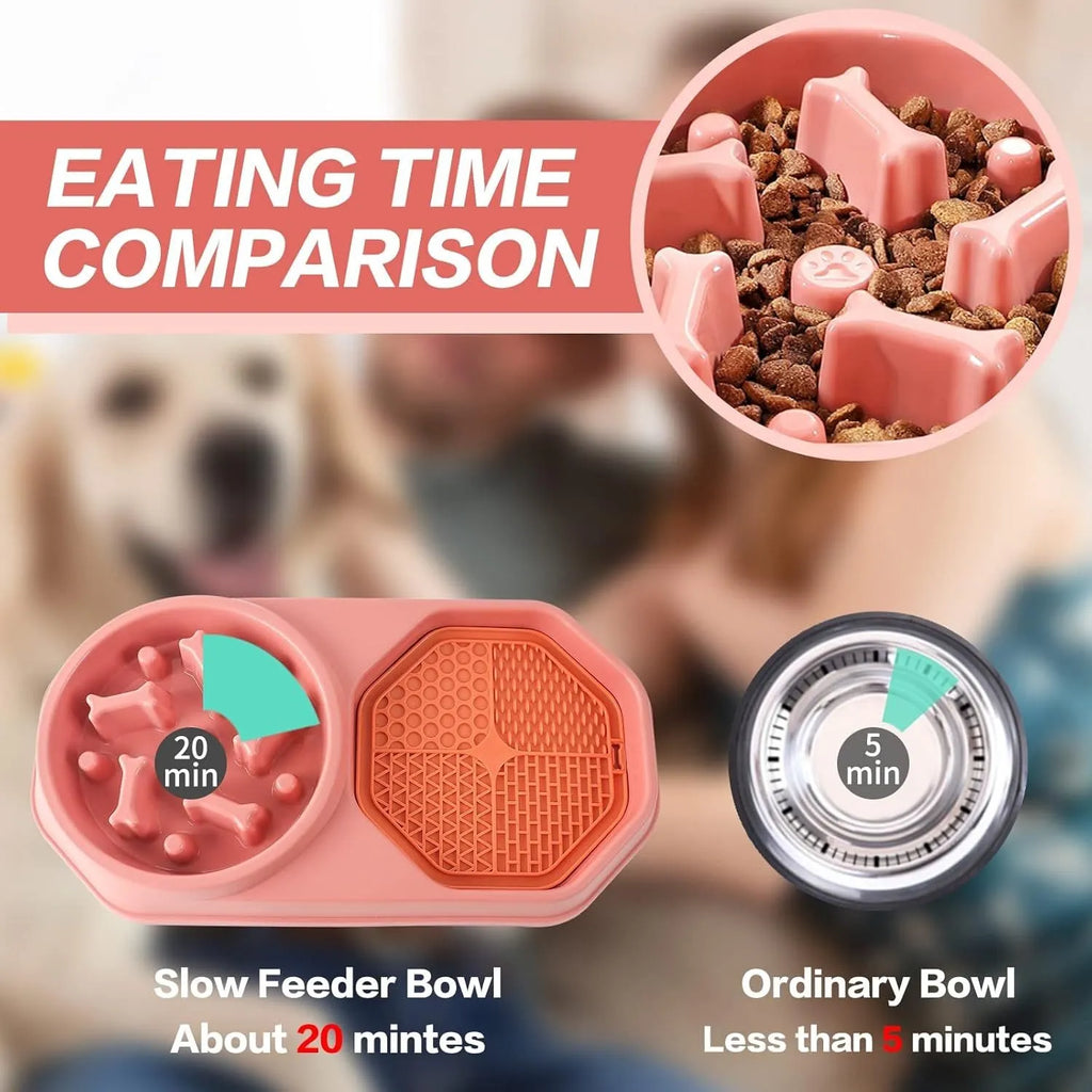 Slow feeder dog bowl with colourful maze pattern for anti-gulping and bloat prevention