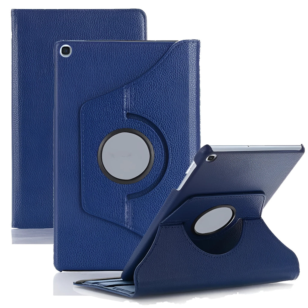 iPad rotating clamshell protective sleeve in imitation leather, shown in multiple colour options.