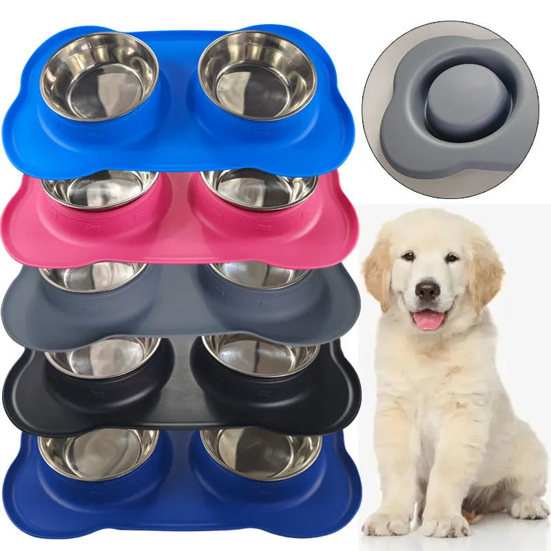 Large silicone dog bowl with a shiny stainless steel inner liner, shown in blue colour.