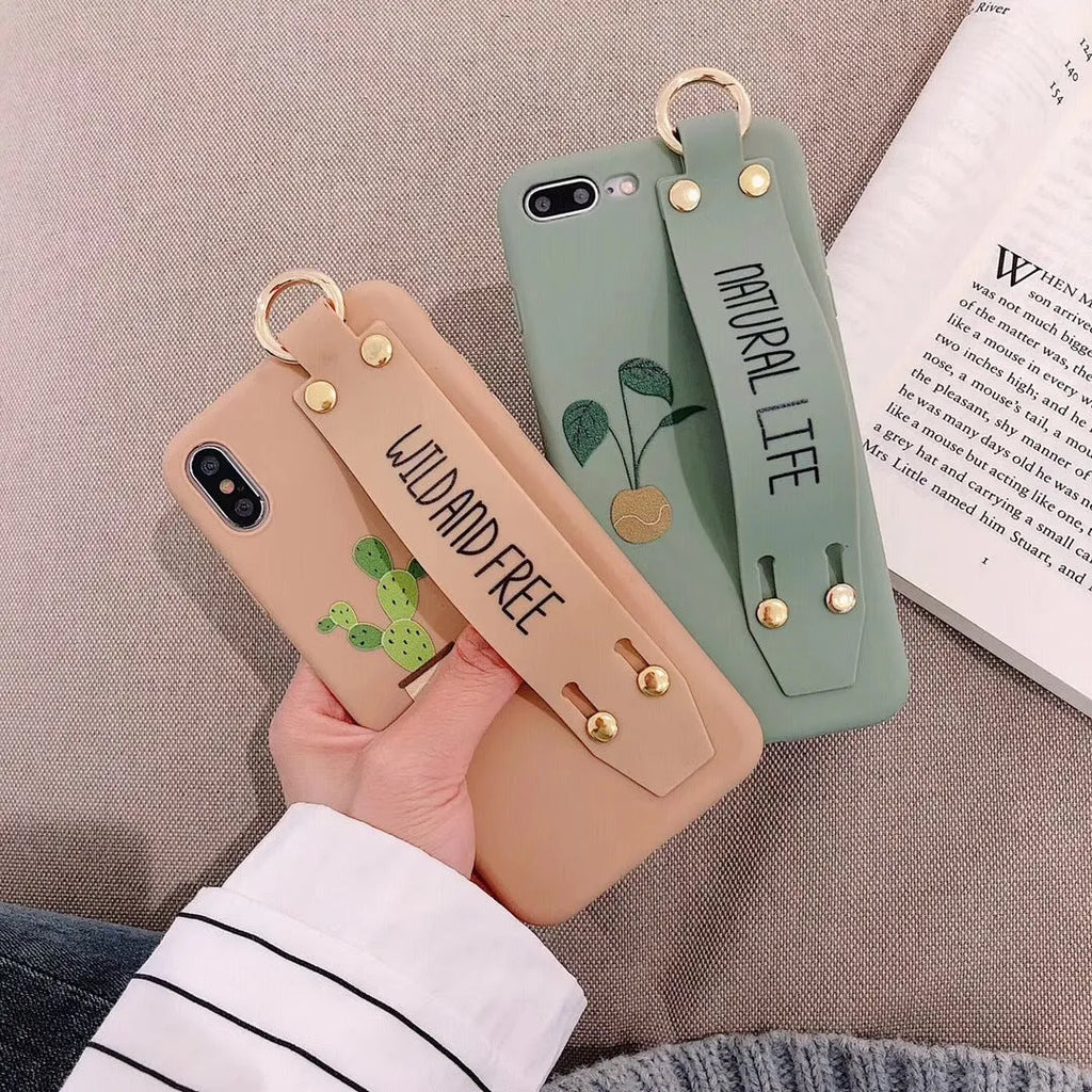 Green graffiti style iPhone case with integrated wristband holder showing back cover design