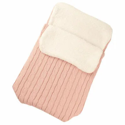 Envelope-style baby stroller sleeping bag in beige colour showing thick cotton wool filling and soft lining.