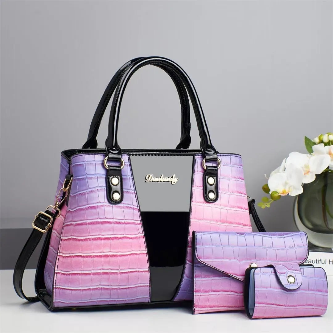 Women's three-piece shoulder bag set with crocodile stitch pattern showing main bag, small bag, and card bag
