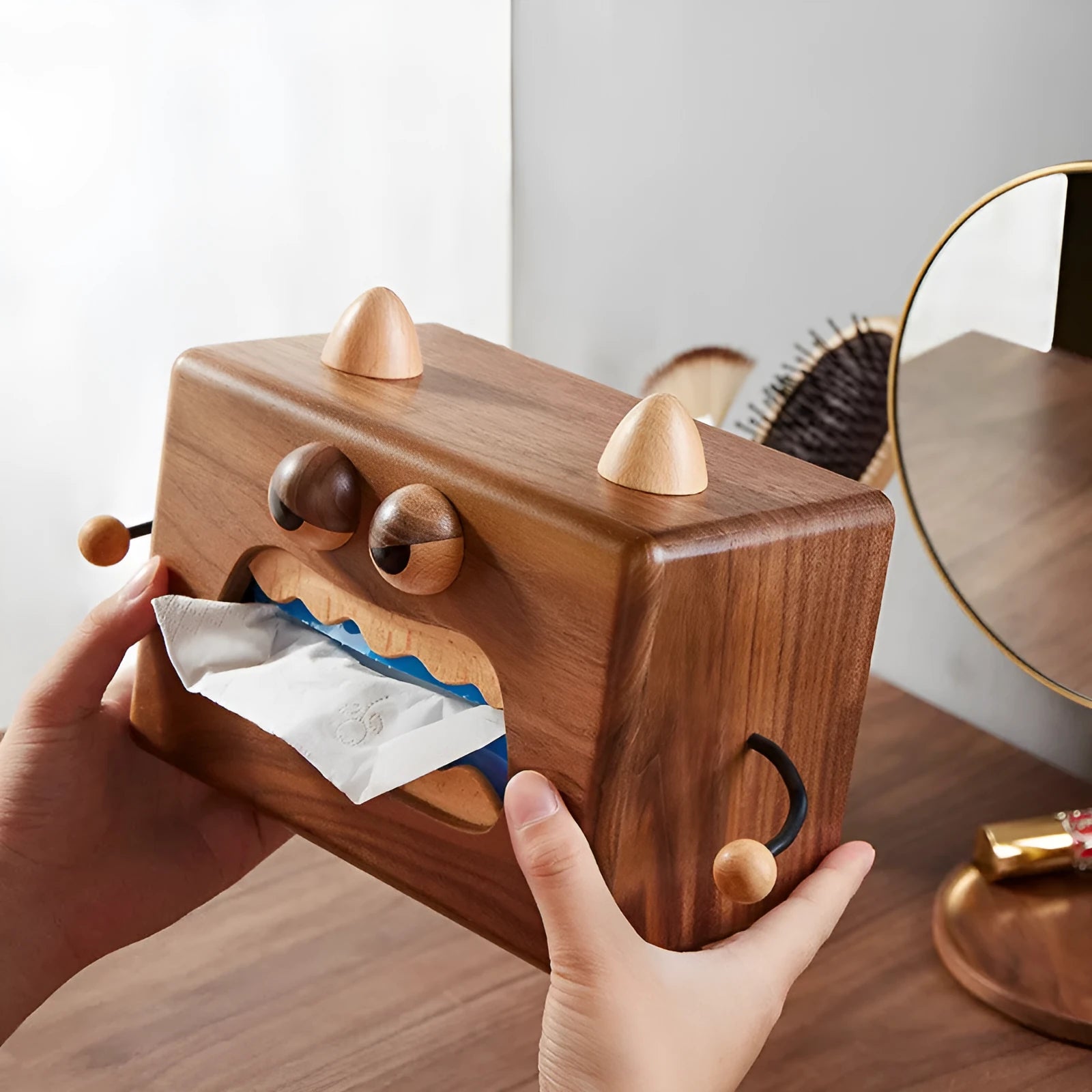 Cartoon monster design wooden tissue box made from solid beech wood