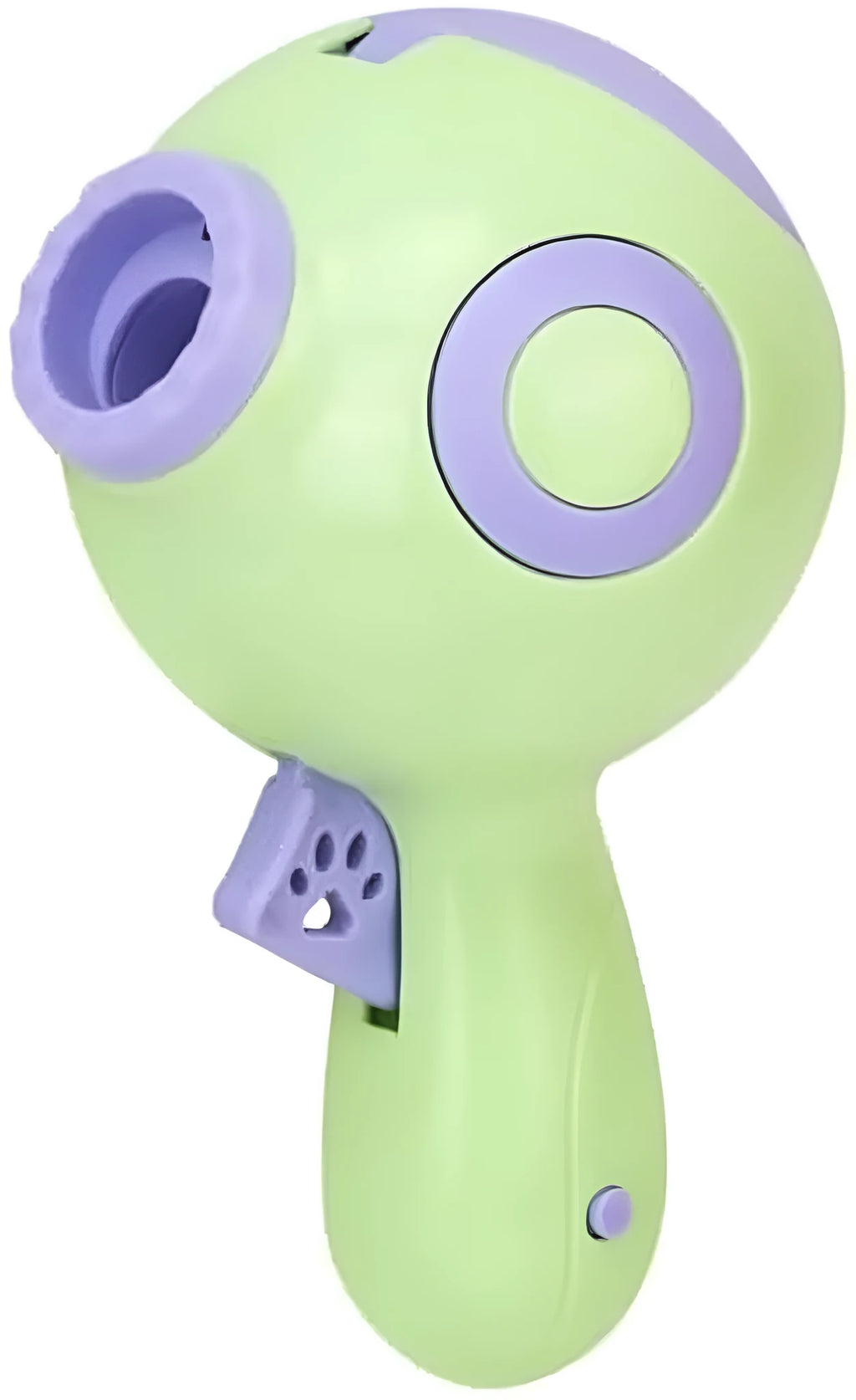 Green, orange, and pink dog treat launcher toy and slow feeder dispenser on a white background.