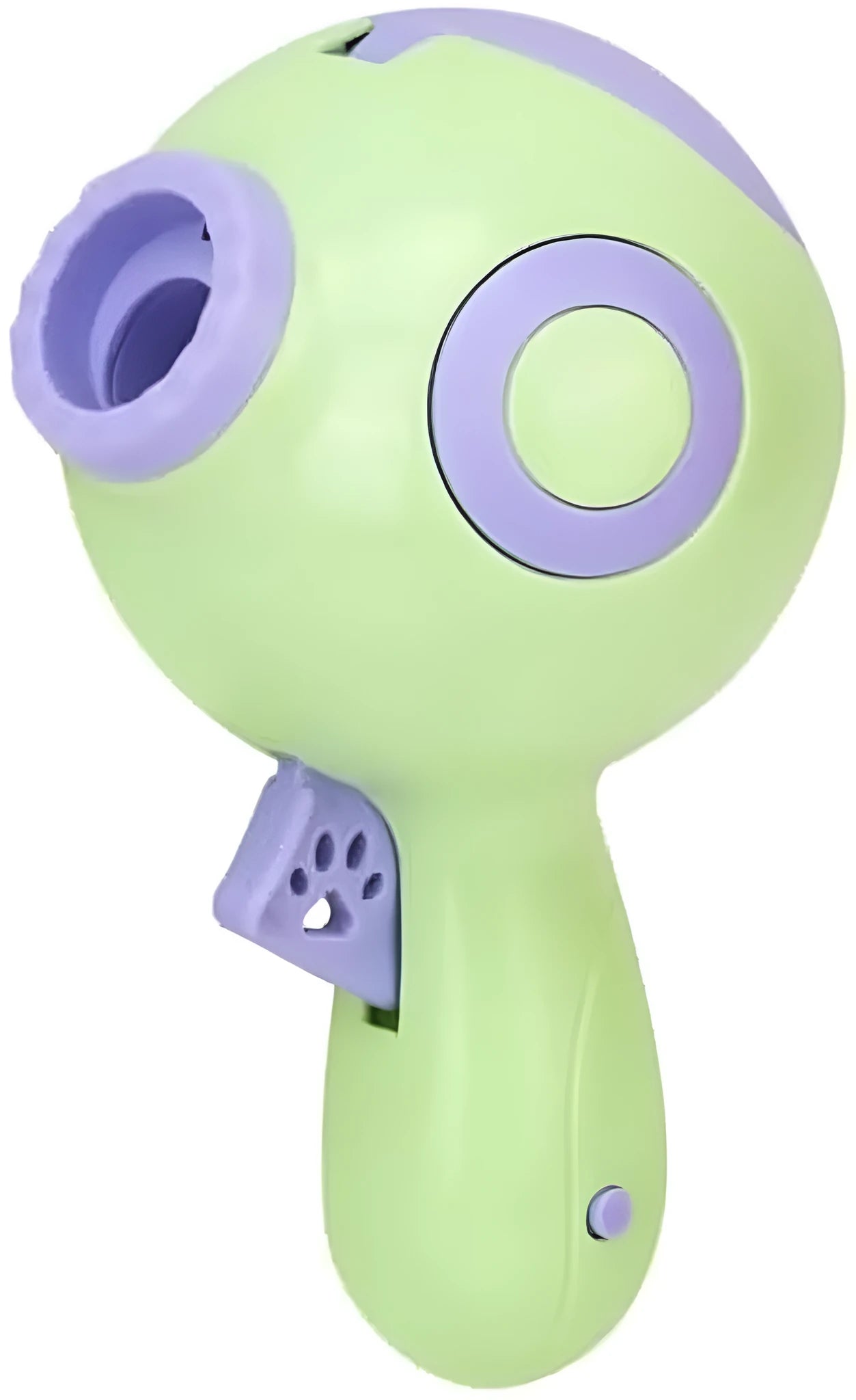 Green, orange, and pink dog treat launcher toy and slow feeder dispenser on a white background.