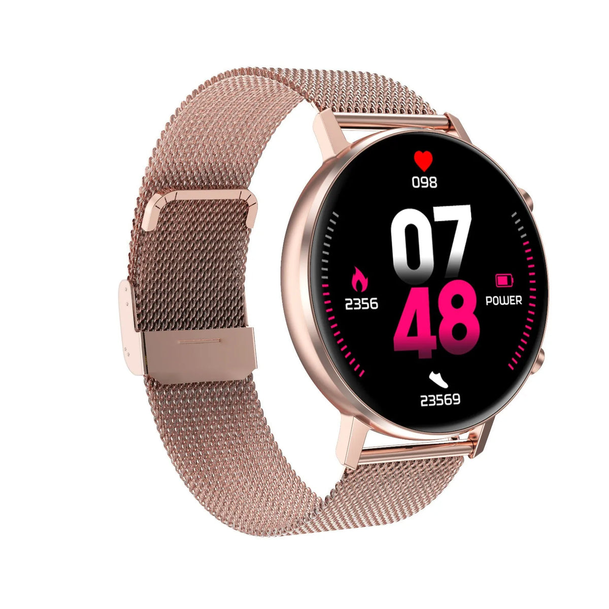 DT96 smart bracelet with steel strap and colour touch screen in black, rose gold, and silver