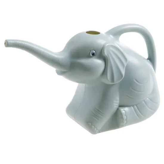 Blue plastic children's watering can shaped like a baby elephant with a long nozzle and bottle-style handle.