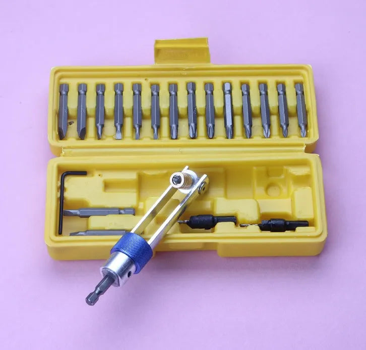 Half Time Drill driver attachment with swivel head and set of Phillips, flathead, and countersink bits