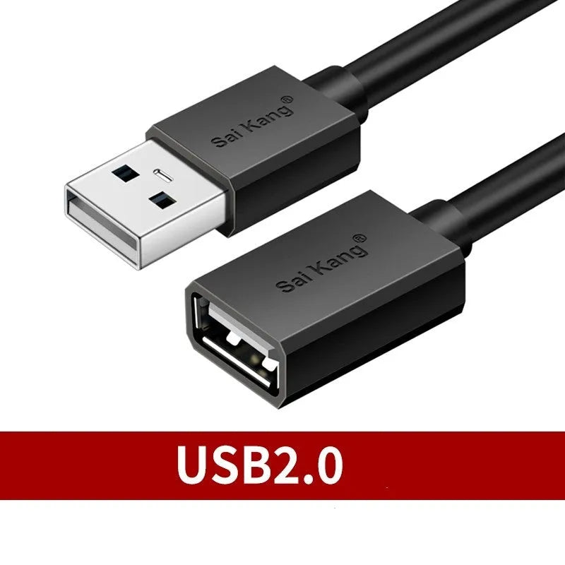 Black USB extension cable with male and female connectors, showing its length and double-shielded construction.
