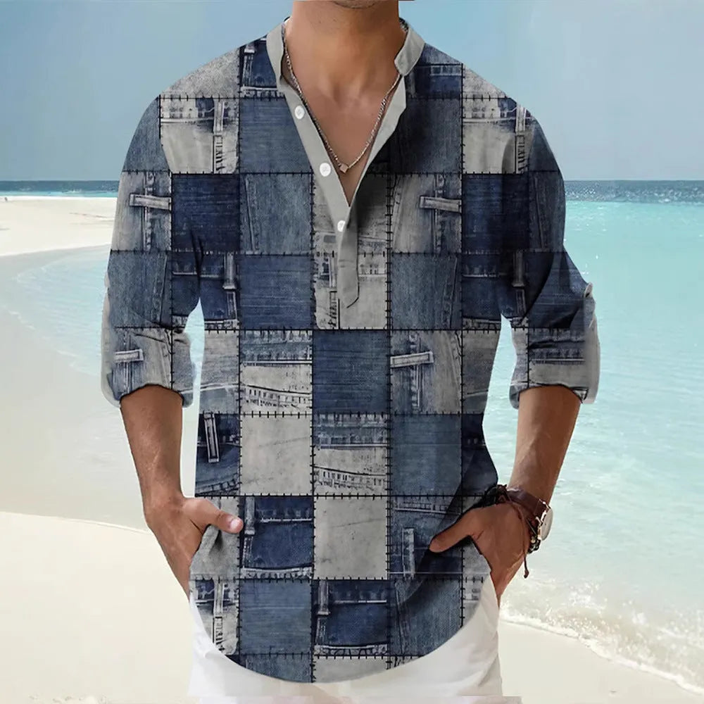 Men's digital bamboo linen patterned Hawaiian shirt with stripes and long sleeves