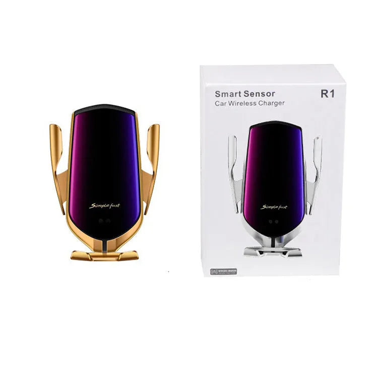 Car holder mobile phone wireless charger with Qi standard, 10W 7.5W 5W output, Micro USB interface, gold and silver options.