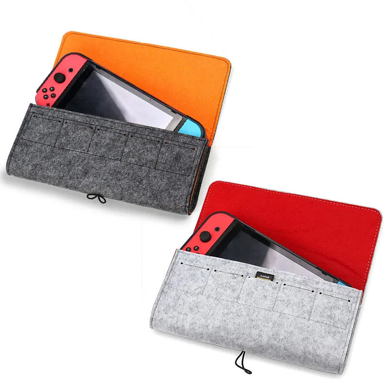Black felt pouch case for Nintendo Switch console with game card storage slots