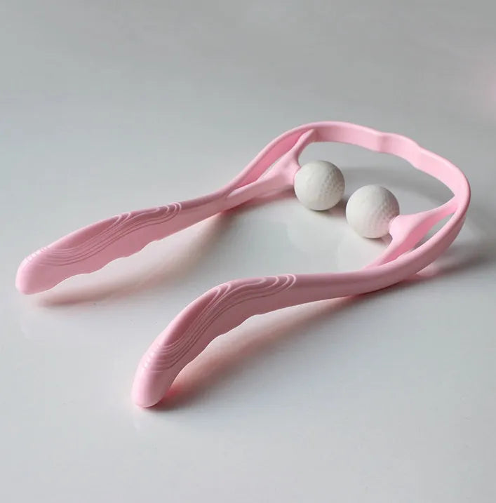 Plastic neck massager with hand roller for trigger point therapy in pink, blue, or green colours with removable heads