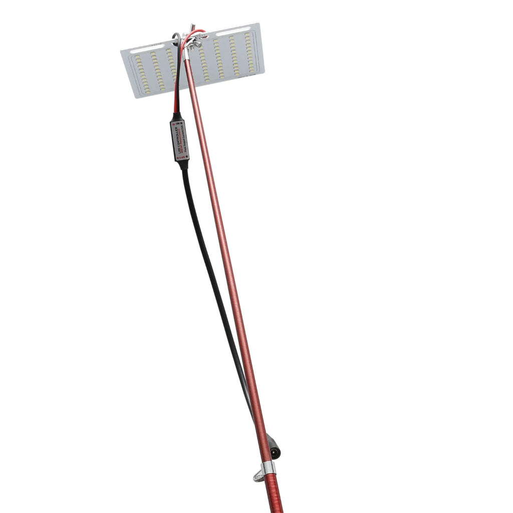 White LED fishing rod light on a telescopic pole with a remote control, showing the 120x95mm panel.