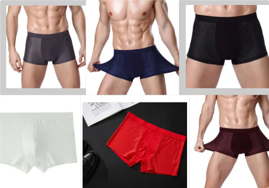 Men's solid colour ice silk boxer briefs with U-convex design on a white background