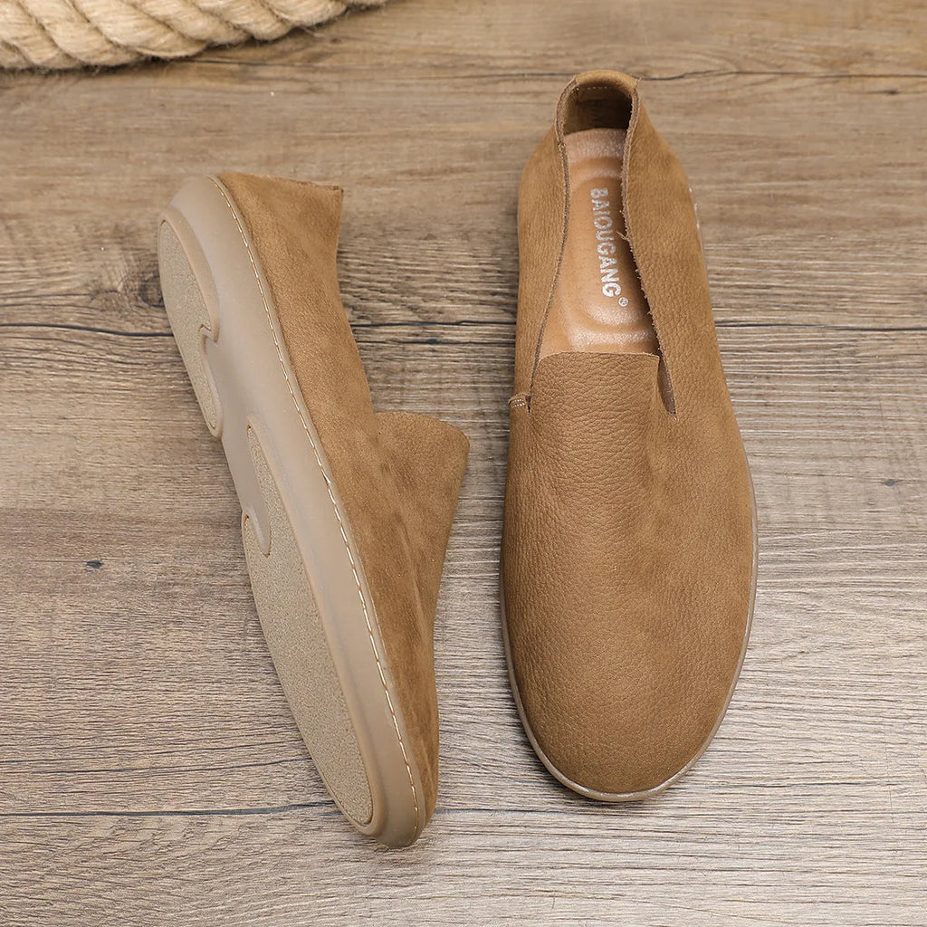 Handmade men's casual shoes in khaki and grey colours with cowhide leather construction and flat wedge heel
