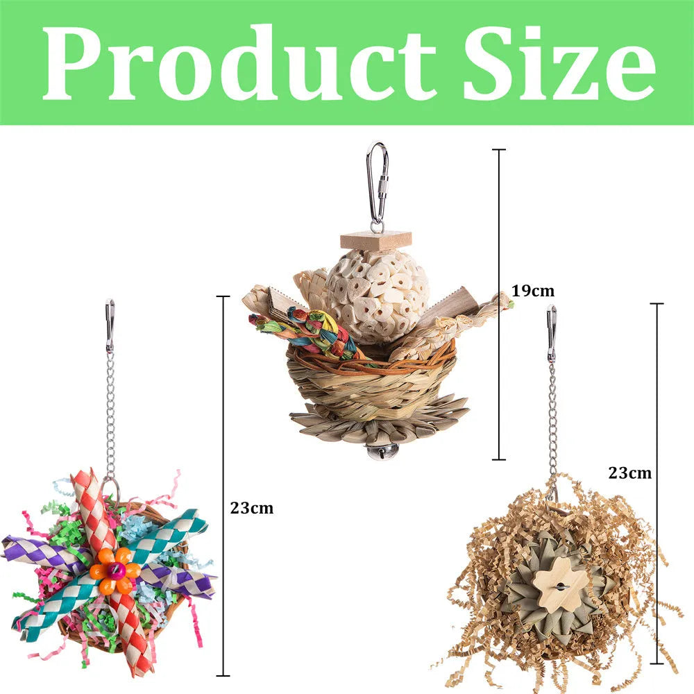 Three different parrot gnawing toys in set for chewing enrichment and beak exercise