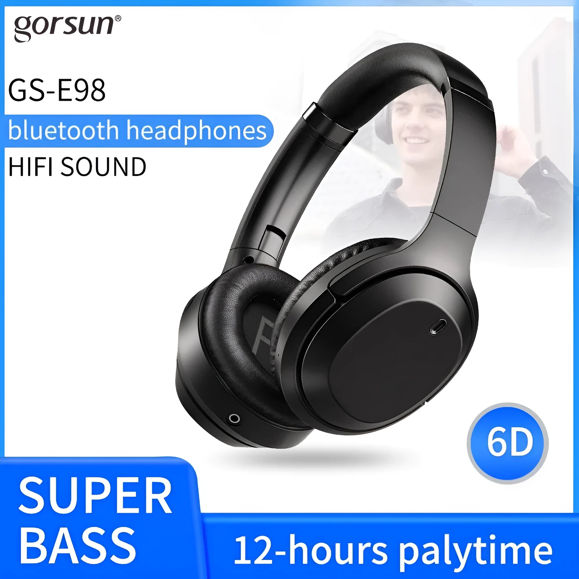 Black Bluetooth wireless headset with over-ear design and memory-protein ear cushions