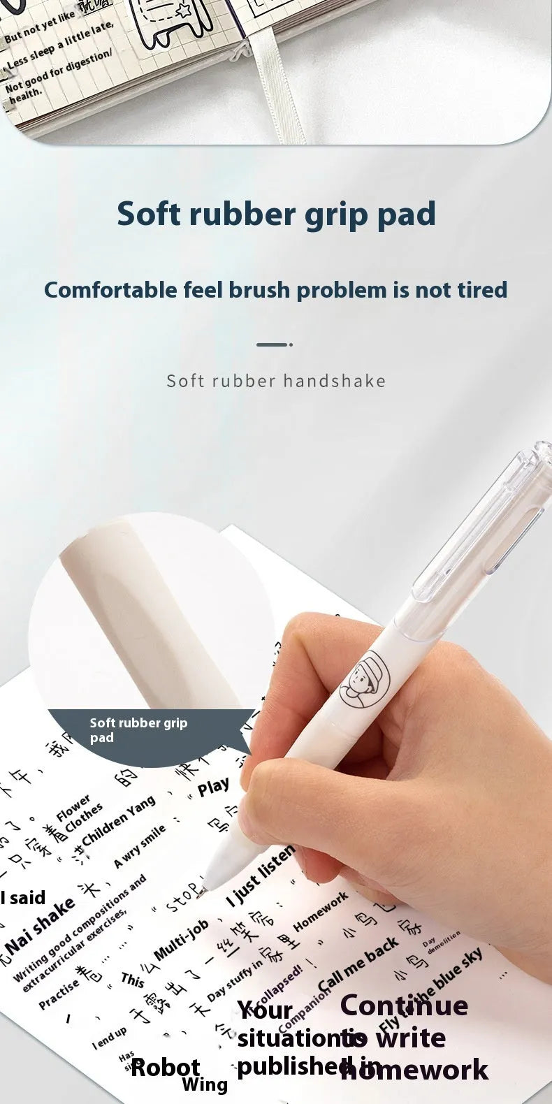 Five white and black 0.5mm ballpoint pens with quick-drying black ink for student writing