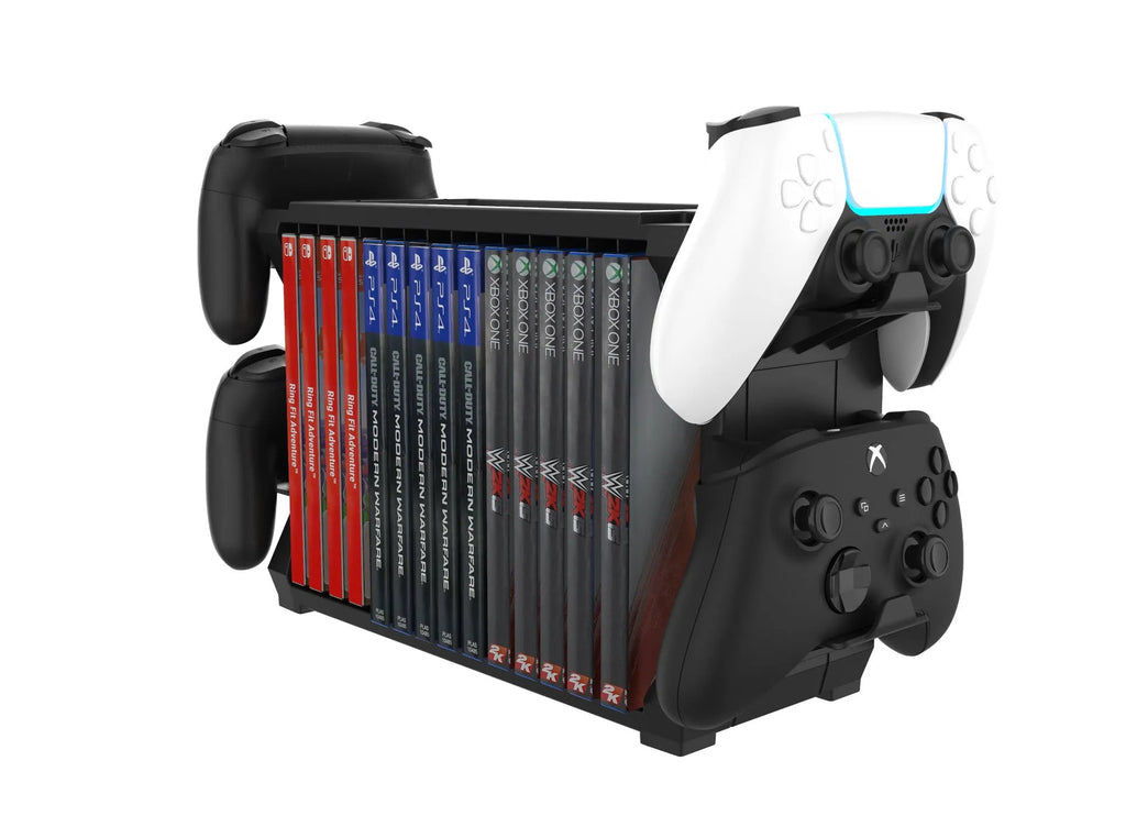 Black PS5 and Xbox Series X game disc holder with slots for game cartridges and four controller handles.